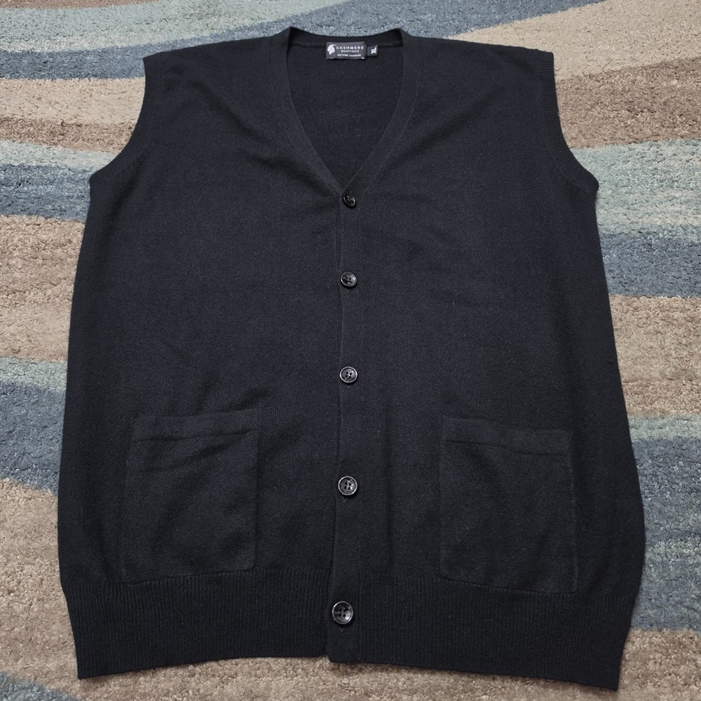 Cashmere Boutique 100% Cashmere Sweater Vest Mens XL Black Button Front